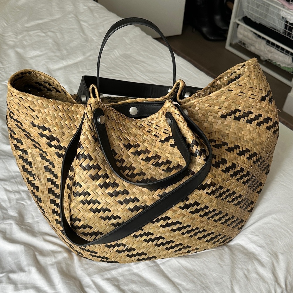All Saints Tan and Black Woven Tote